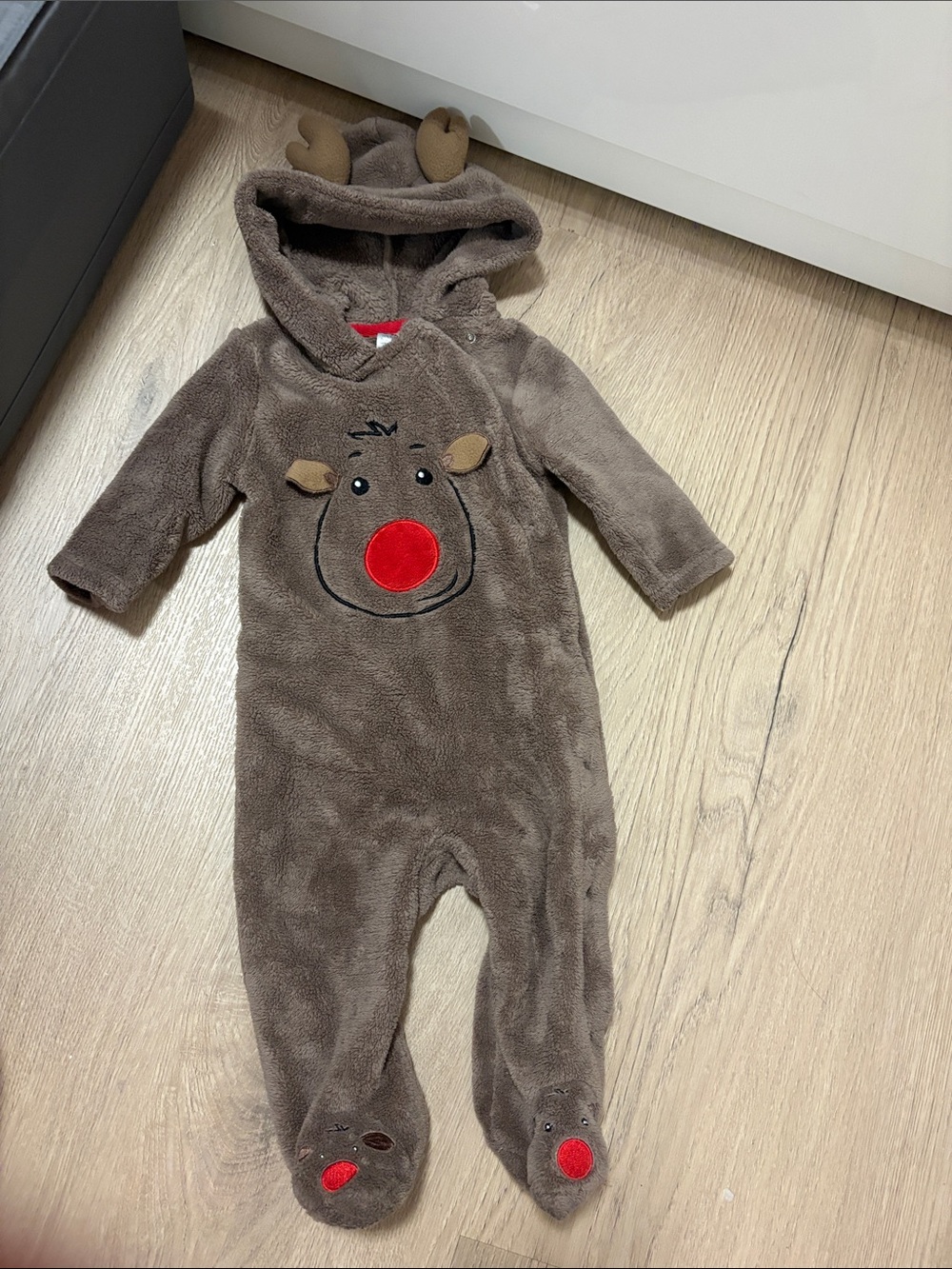 Brown Plush Reindeer One-Piece Romper with Hood